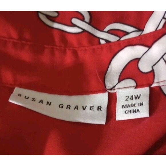 Susan Graver Blouse Red Chain Print Long Sleeve Tie Waist Women’s Size 24W - Picture 3 of 4